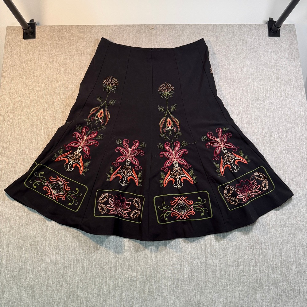 Allison Taylor Black Floral Embroidered A-Line Midi Skirt Size 14 Boho Career